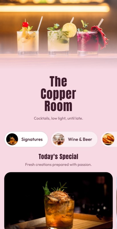 Shake Shop menu template: a mobile fast food menu with a wordmark header, a photo banner, category tabs and priced item rows you can edit.