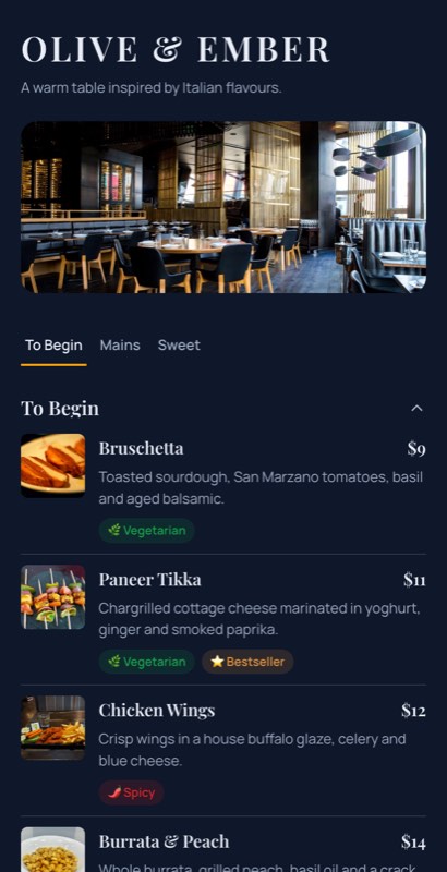 Slate Supper menu template: a mobile restaurant menu with a wordmark header, a photo banner, category tabs and priced item rows you can edit.