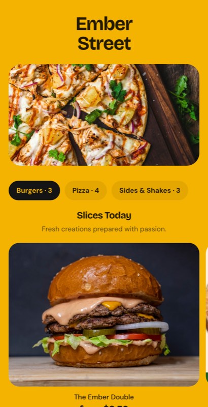 Slice Shop menu template: a mobile pizza menu with a wordmark header, a photo banner, category tabs and priced item rows you can edit.