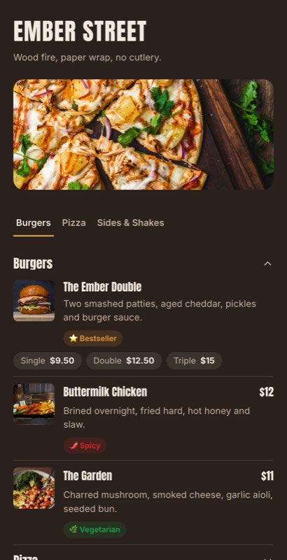 Smoke & Grill menu template: a mobile restaurant menu with a wordmark header, a photo banner, category tabs and priced item rows you can edit.