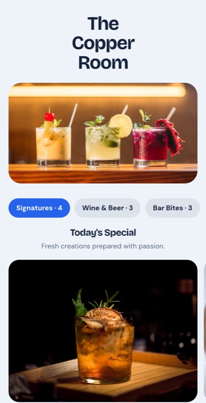 Soda Fountain menu template: a mobile drinks menu with a wordmark header, a photo banner, category tabs and priced item rows you can edit.