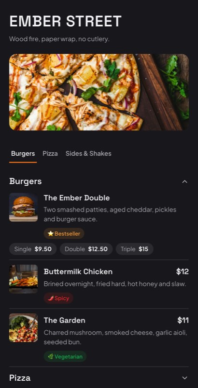 Street Counter menu template: a mobile food truck menu with a wordmark header, a photo banner, category tabs and priced item rows you can edit.