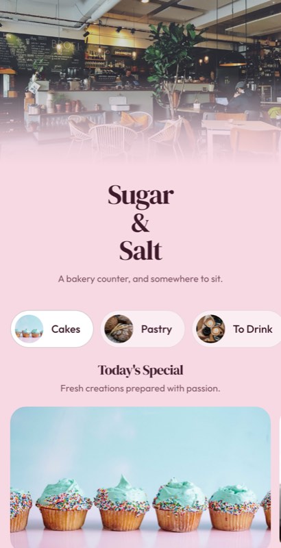 Sugar Dust menu template: a mobile dessert menu with a wordmark header, a photo banner, category tabs and priced item rows you can edit.
