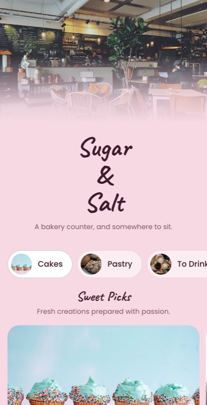 Sugar House menu template: a mobile bakery menu with a wordmark header, a photo banner, category tabs and priced item rows you can edit.