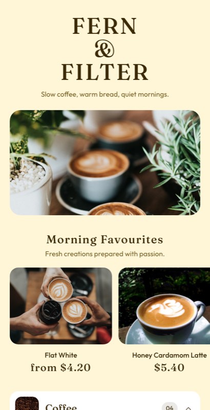 Sunrise Plate menu template: a mobile breakfast menu with a wordmark header, a photo banner, category tabs and priced item rows you can edit.