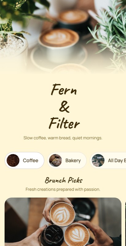 Sunroom menu template: a mobile cafe menu with a wordmark header, a photo banner, category tabs and priced item rows you can edit.