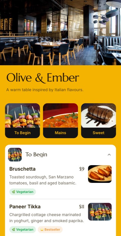 Tandoor House menu template: a mobile indian restaurant menu with a wordmark header, a photo banner, category tabs and priced item rows you can edit.