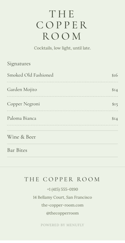 Tea Room menu template: a mobile drinks menu with a wordmark header, a photo banner, category tabs and priced item rows you can edit.