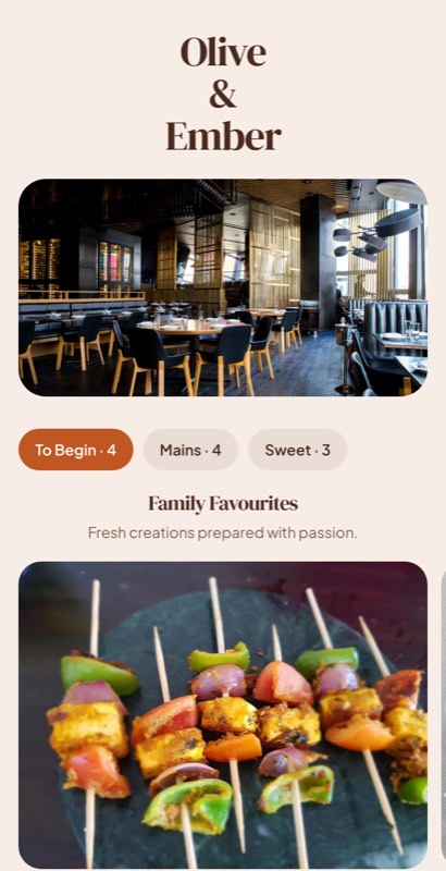 Terracotta House menu template: a mobile indian restaurant menu with a wordmark header, a photo banner, category tabs and priced item rows you can edit.