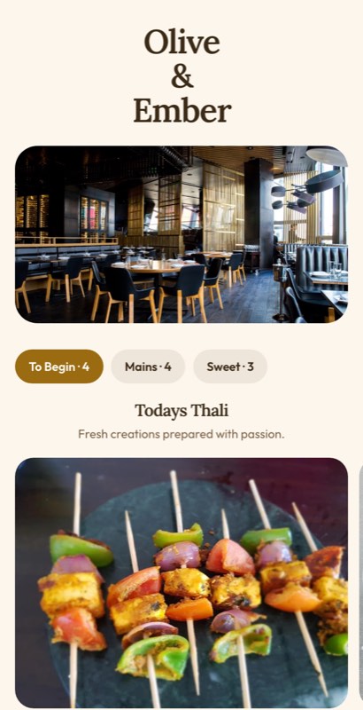 Thali Daily menu template: a mobile indian restaurant menu with a wordmark header, a photo banner, category tabs and priced item rows you can edit.
