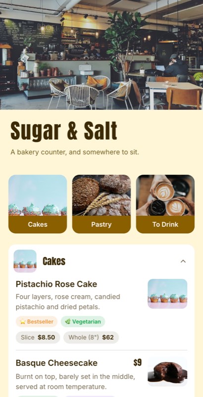 The Bakehouse menu template: a mobile bakery menu with a wordmark header, a photo banner, category tabs and priced item rows you can edit.