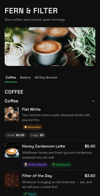 Third Wave menu template: a mobile coffee shop menu with a wordmark header, a photo banner, category tabs and priced item rows you can edit.