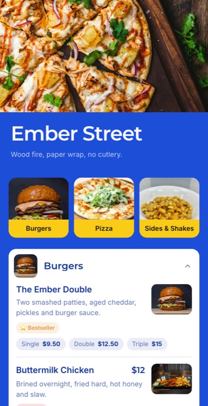 Thirty Minutes menu template: a mobile cloud kitchen menu with a wordmark header, a photo banner, category tabs and priced item rows you can edit.