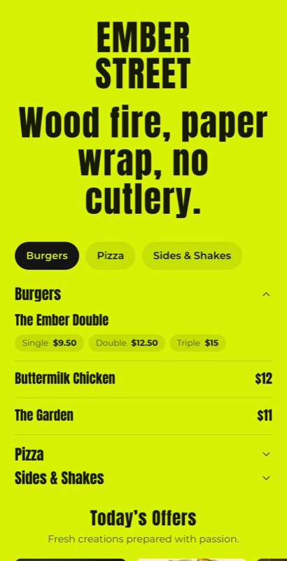 Value Board menu template: a mobile fast food menu with a wordmark header, a photo banner, category tabs and priced item rows you can edit.
