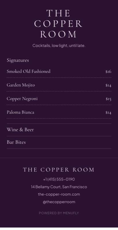 Velvet Room menu template: a mobile fine dining menu with a wordmark header, a photo banner, category tabs and priced item rows you can edit.
