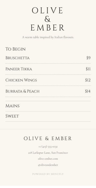White Linen menu template: a mobile fine dining menu with a wordmark header, a photo banner, category tabs and priced item rows you can edit.