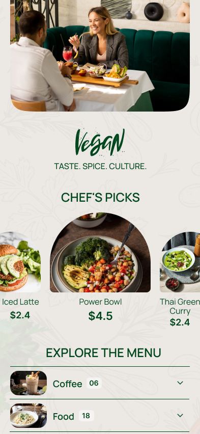 Vegan menu template: a cream and green menu with a script wordmark, chef&rsquo;s picks and a botanical background.